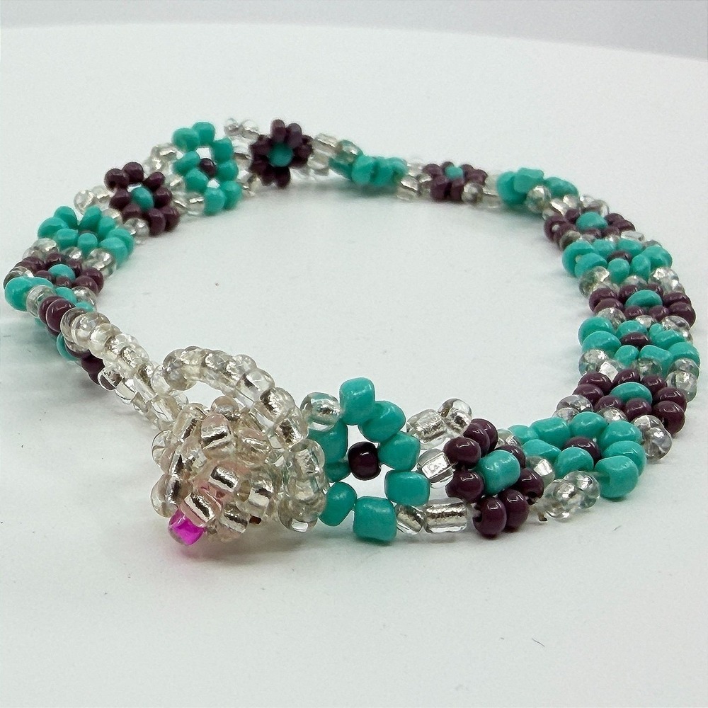 Dainty Teal Purple Beaded Flower Link Bracelet Boho Y2K Festival Accessory